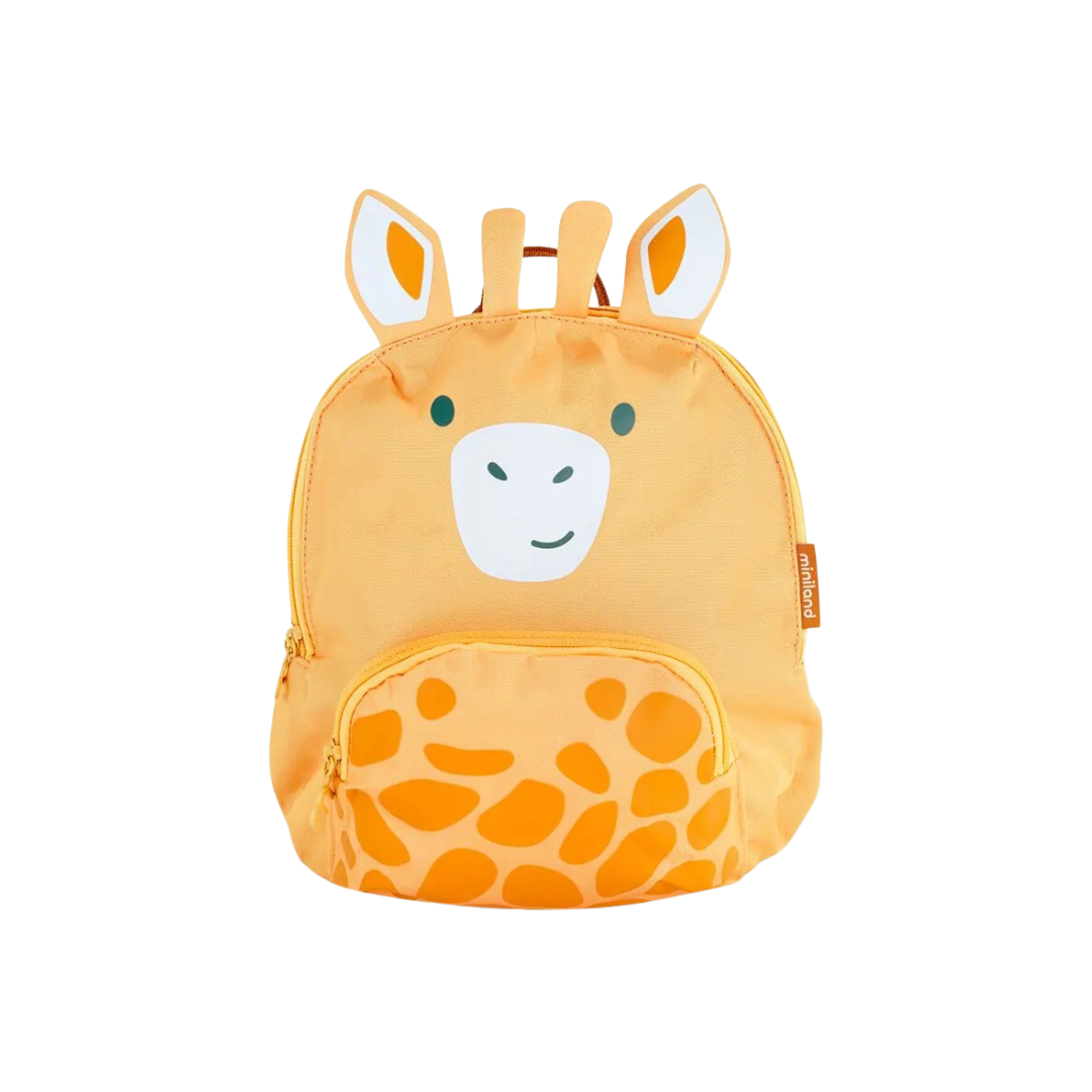 Mochila infantil amarela com design de girafa e bolso com padrão laranja