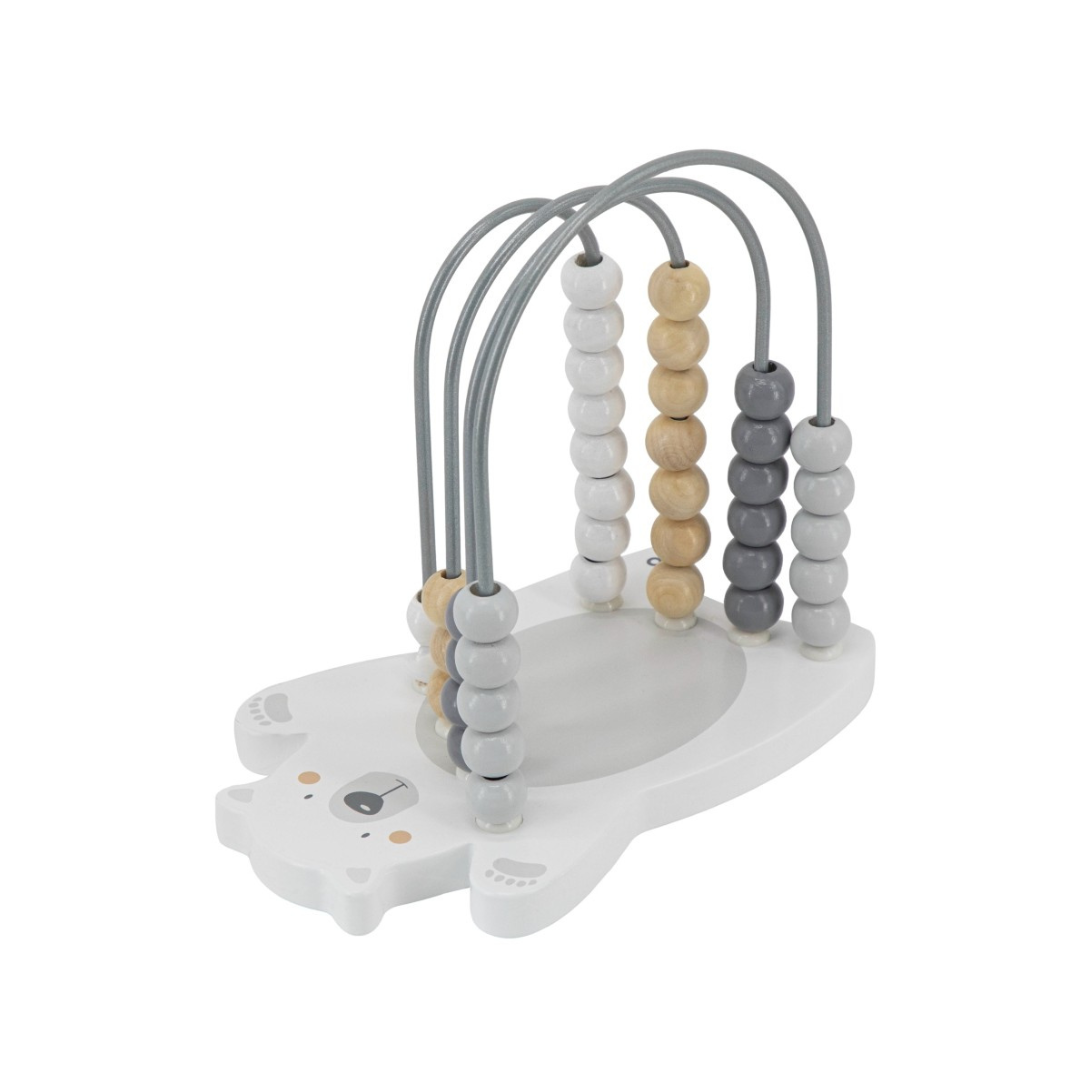 Brinquedo educativo de madeira com base em forma de urso e contas coloridas em fios metálicos.