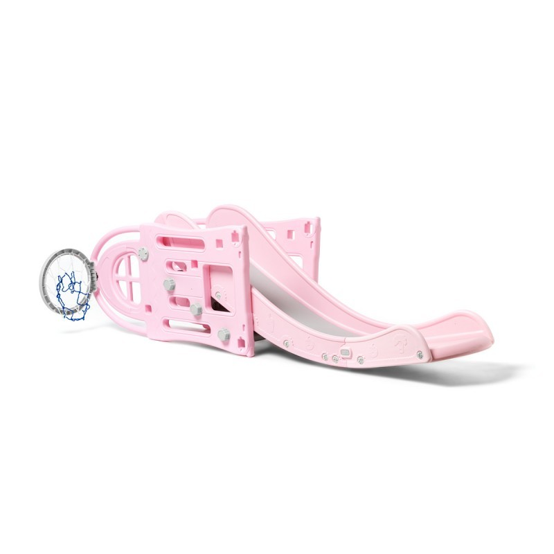 Escorrega infantil rosa com tabela de basquete e rede azul, branca e preta