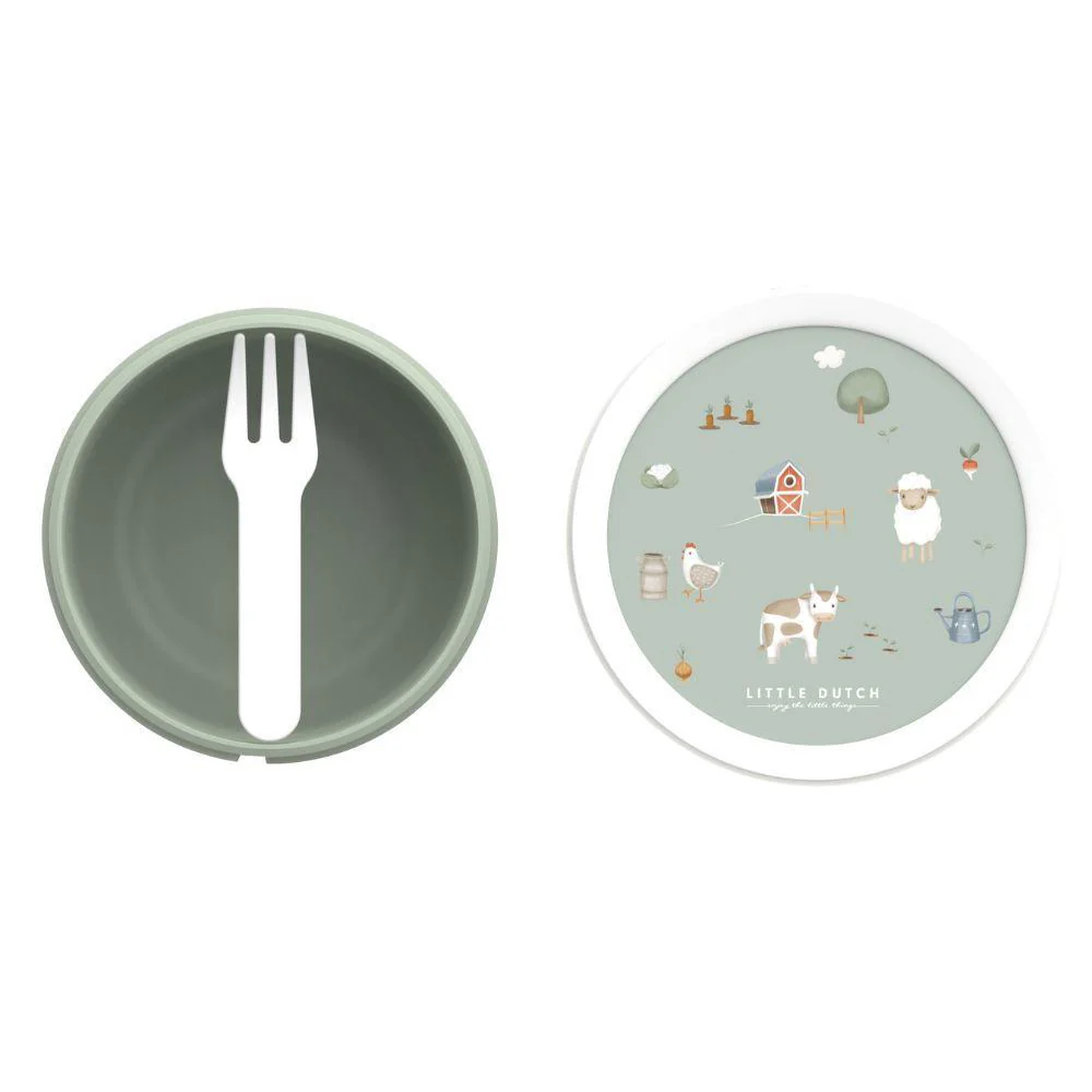 Prato infantil redondo cinza com tampas ilustradas de animais da quinta e garfo branco