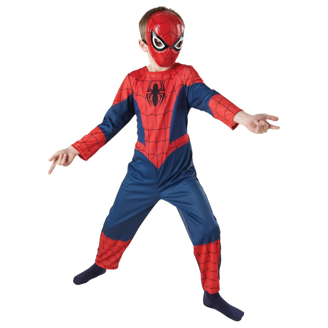 Criança com fato e máscara do Homem-Aranha vermelho e azul com padrão de teia