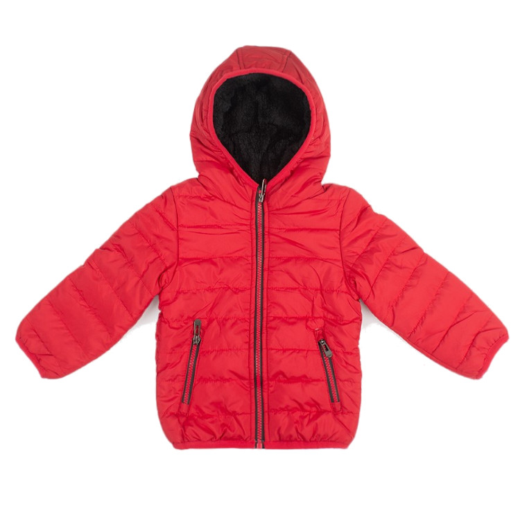 Casaco acolchoado vermelho para criança com capuz e fechos de correr