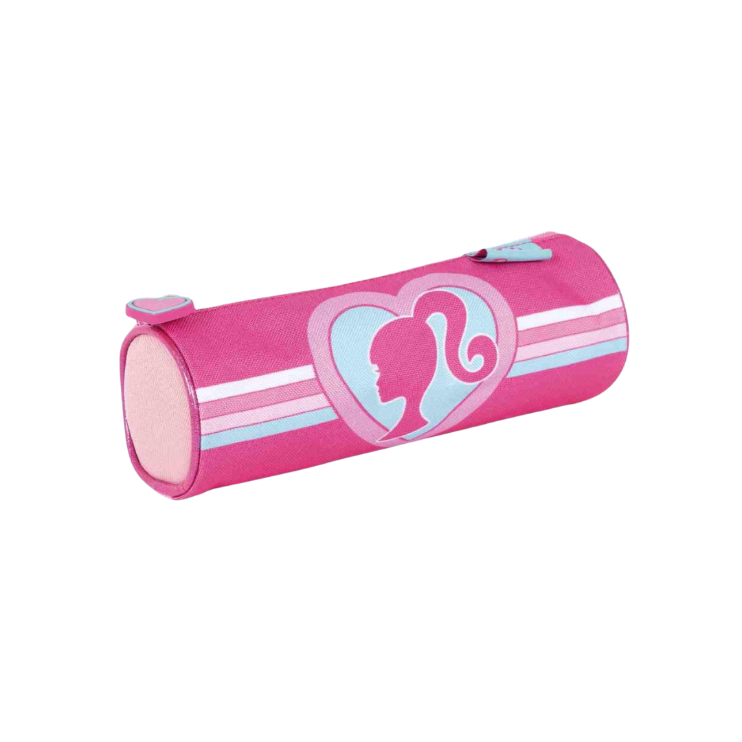 Estojo cilíndrico cor-de-rosa com padrão e silhueta de rapariga em coração.