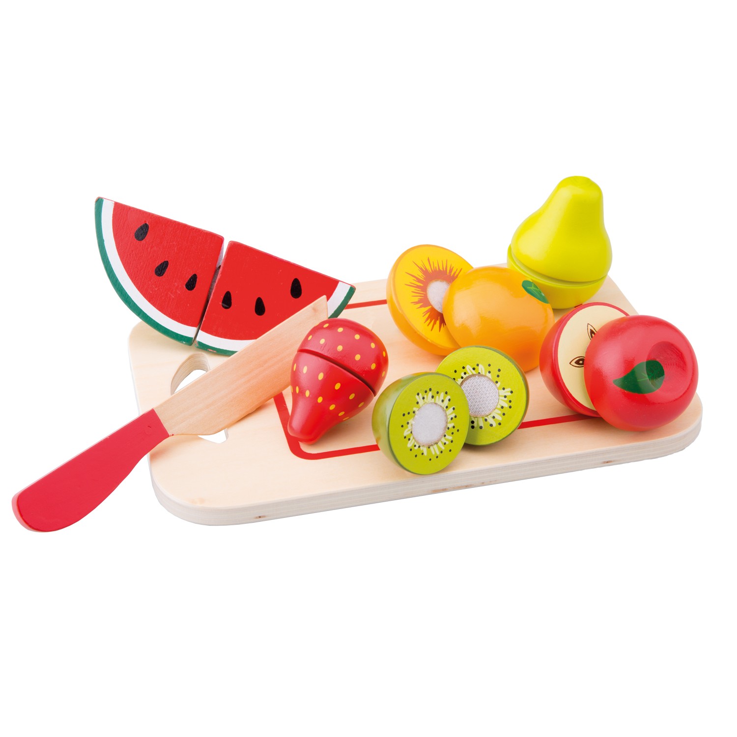Conjunto de brinquedo de madeira com frutas coloridas e utensílios para cortar