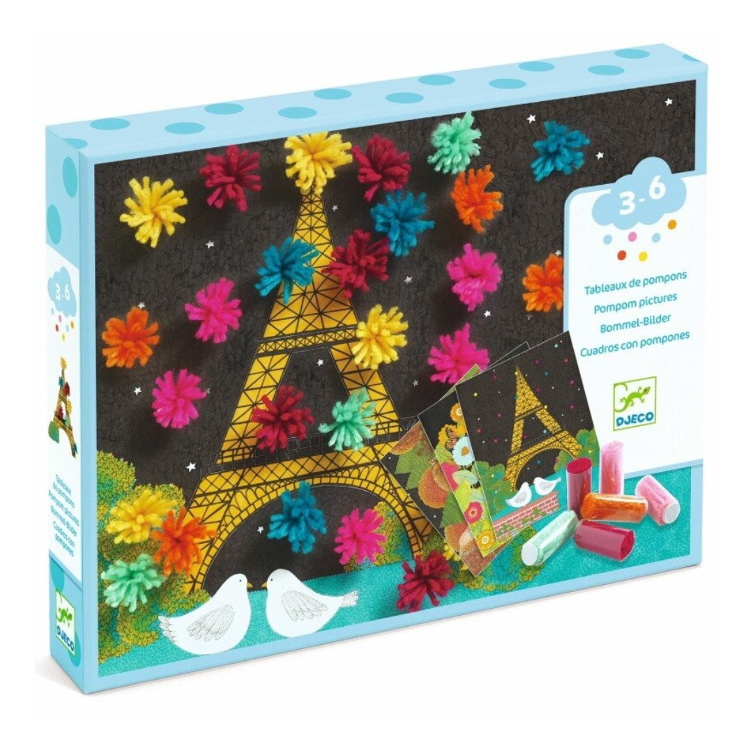 Caixa de brinquedo com pompons coloridos para montar quadros, desenho da Torre Eiffel e pombas, para crianças 3-6 anos