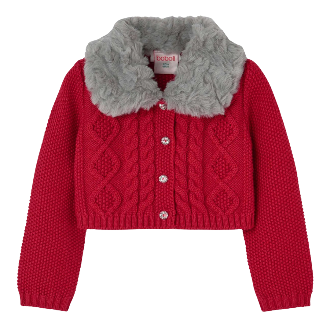 Camisola de malha vermelha com gola peluda cinzenta para criança