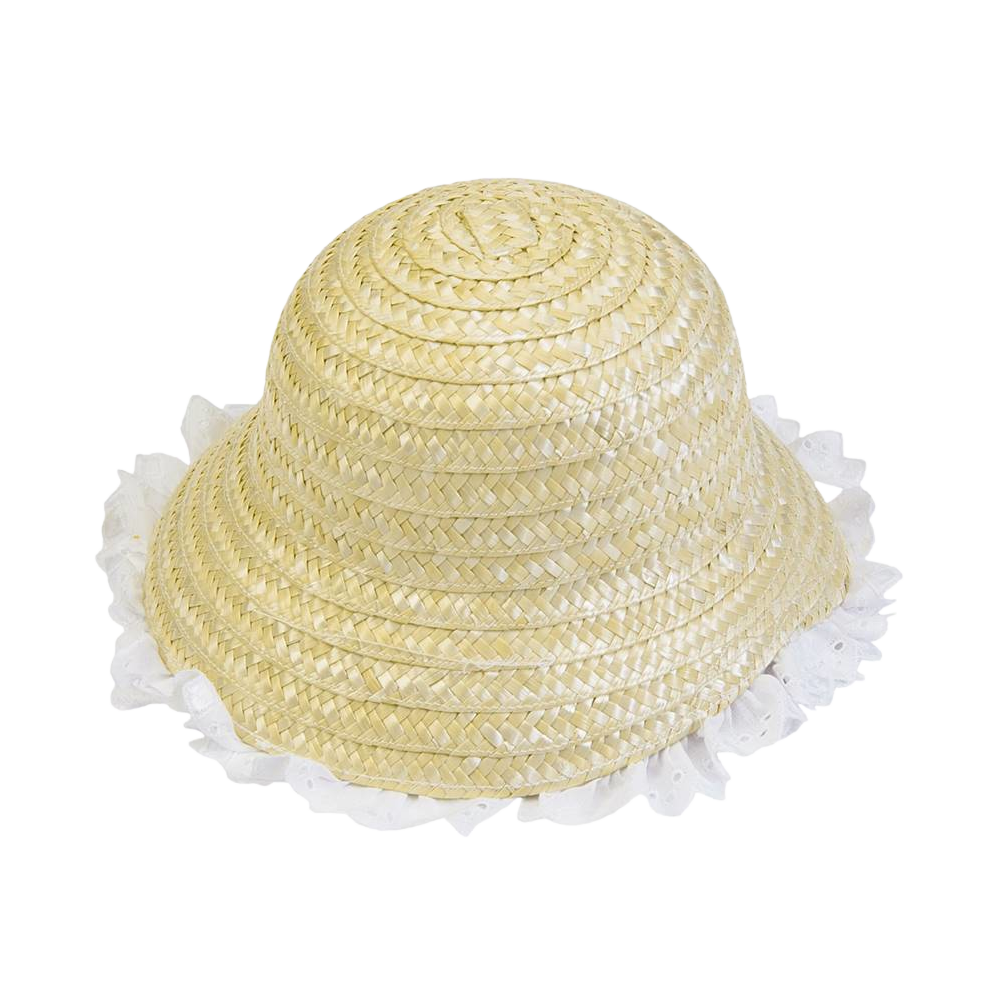 Chapéu de palha com renda branca na aba