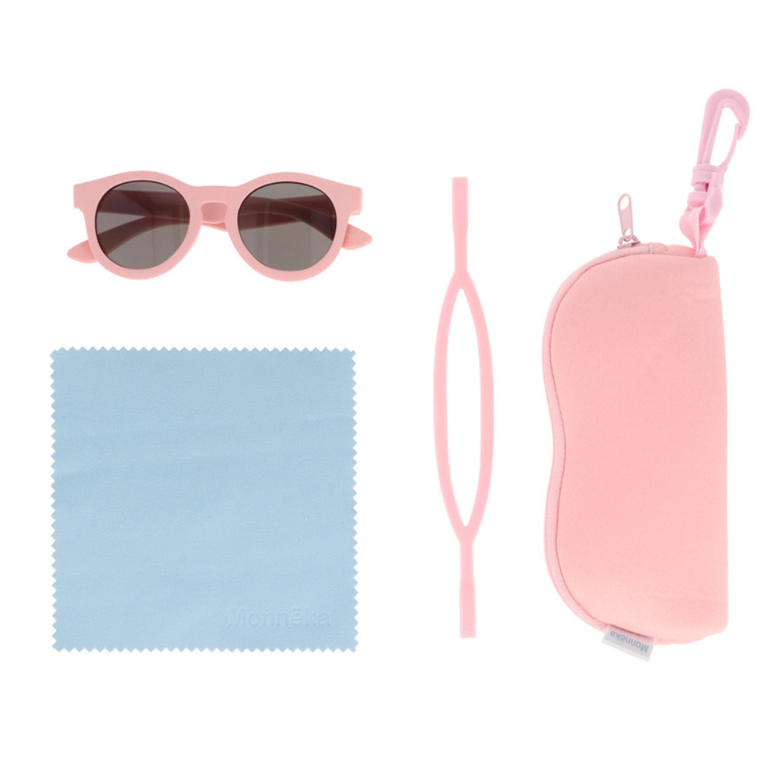 Óculos de sol cor-de-rosa com acessórios e estojo