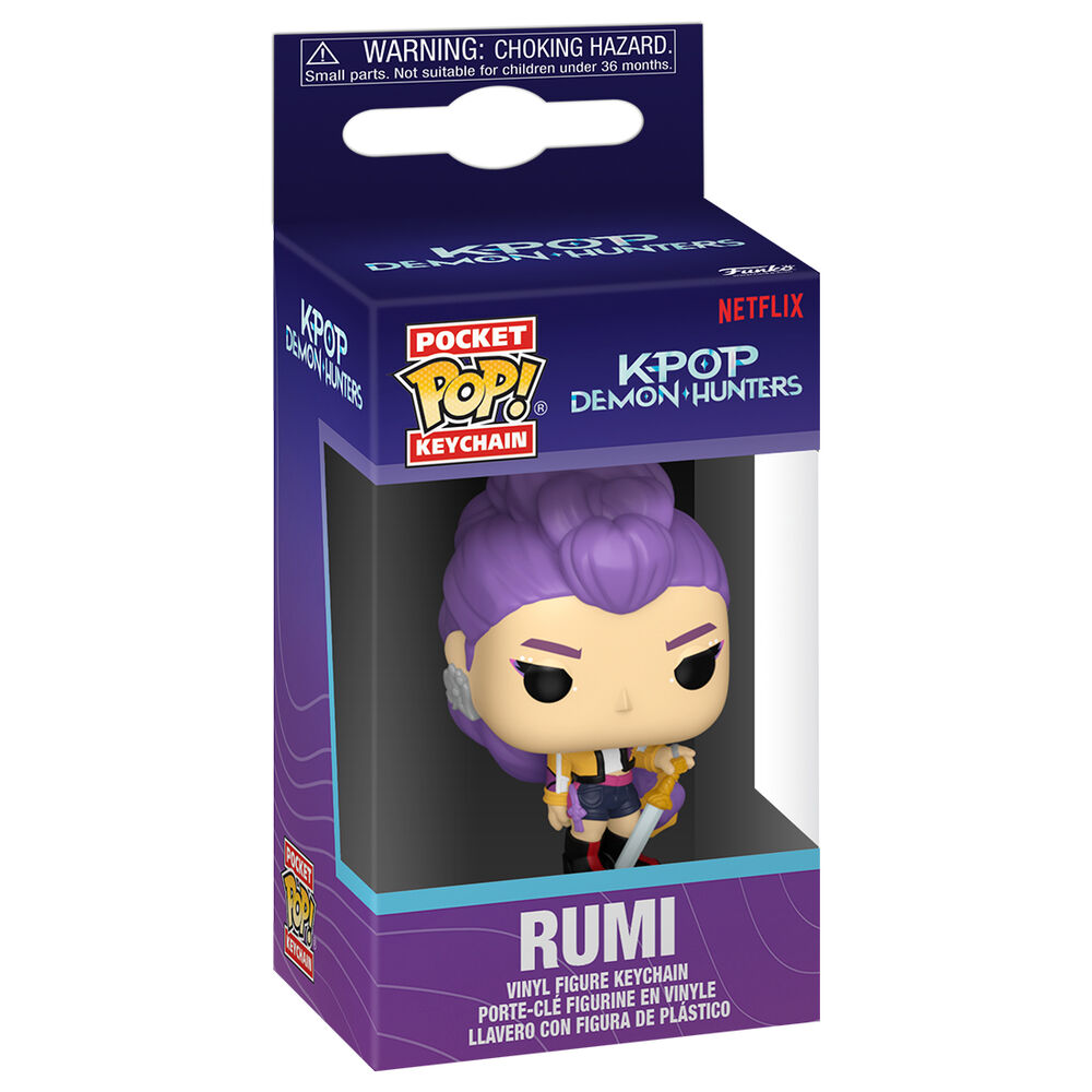 Chaveiro Pocket Pop! RUMI da série K-POP Demon Hunters em caixa azul e roxa