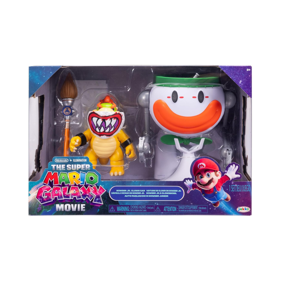 Conjunto de brinquedos The Super Mario Galaxy com Bowser Jr. e carrinho palhaço na embalagem