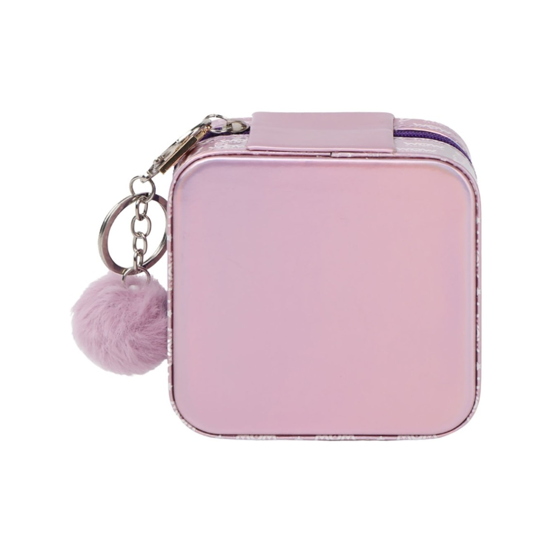 Estojo quadrado cor de rosa com chaveiro pompom lilás