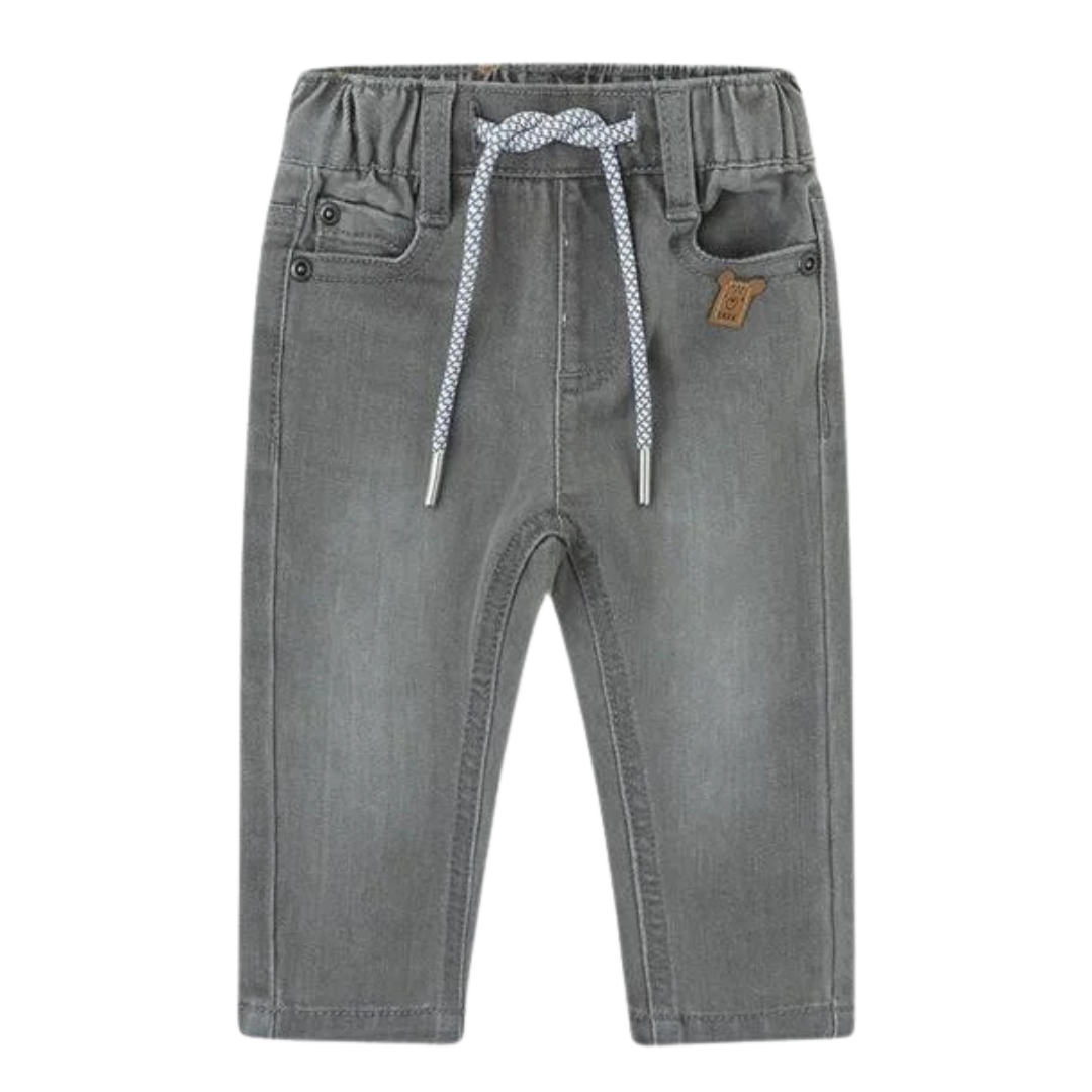 Calças de criança cinzentas com cordão para ajuste e detalhe de urso no bolso