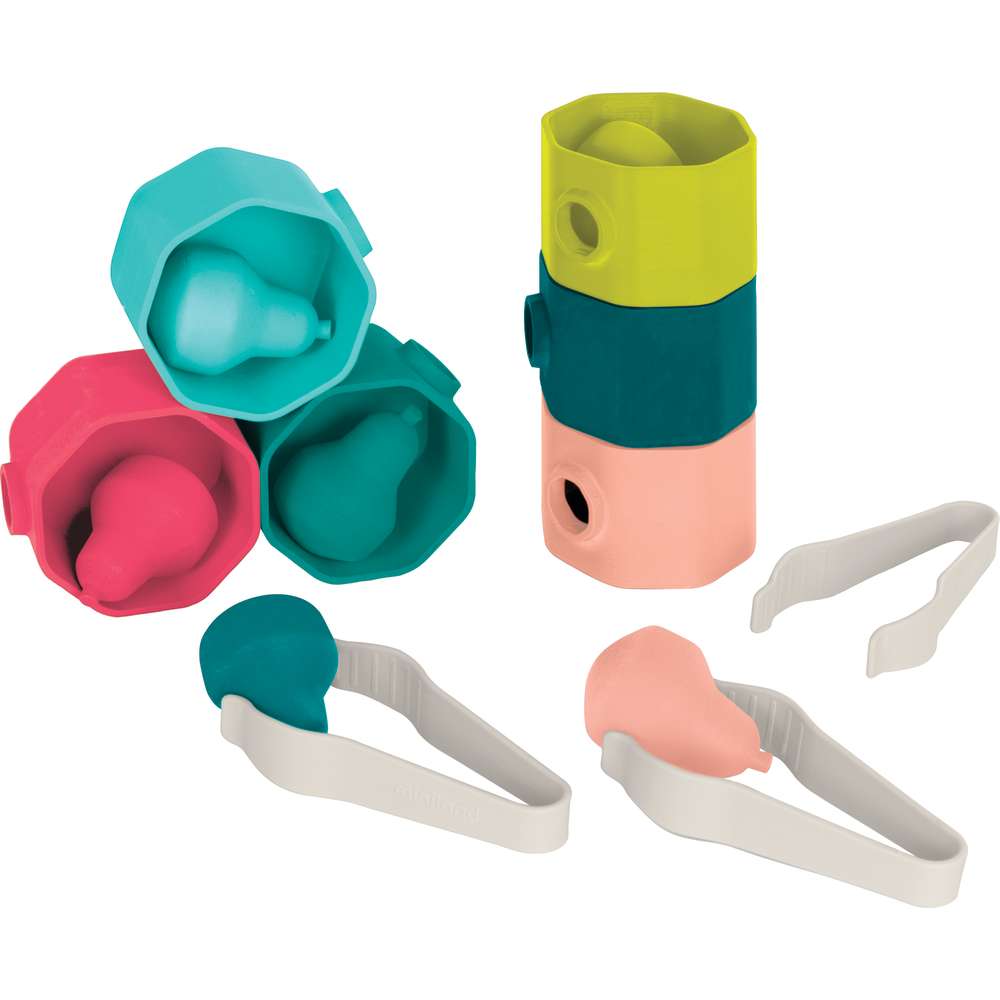 Formas empilháveis coloridas em silicone com pinças brancas
