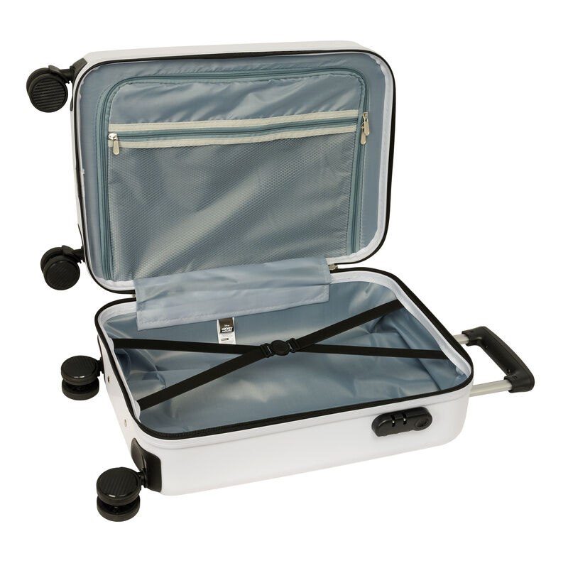 Mala de viagem rígida branca aberta com interior cinzento claro e quatro rodas