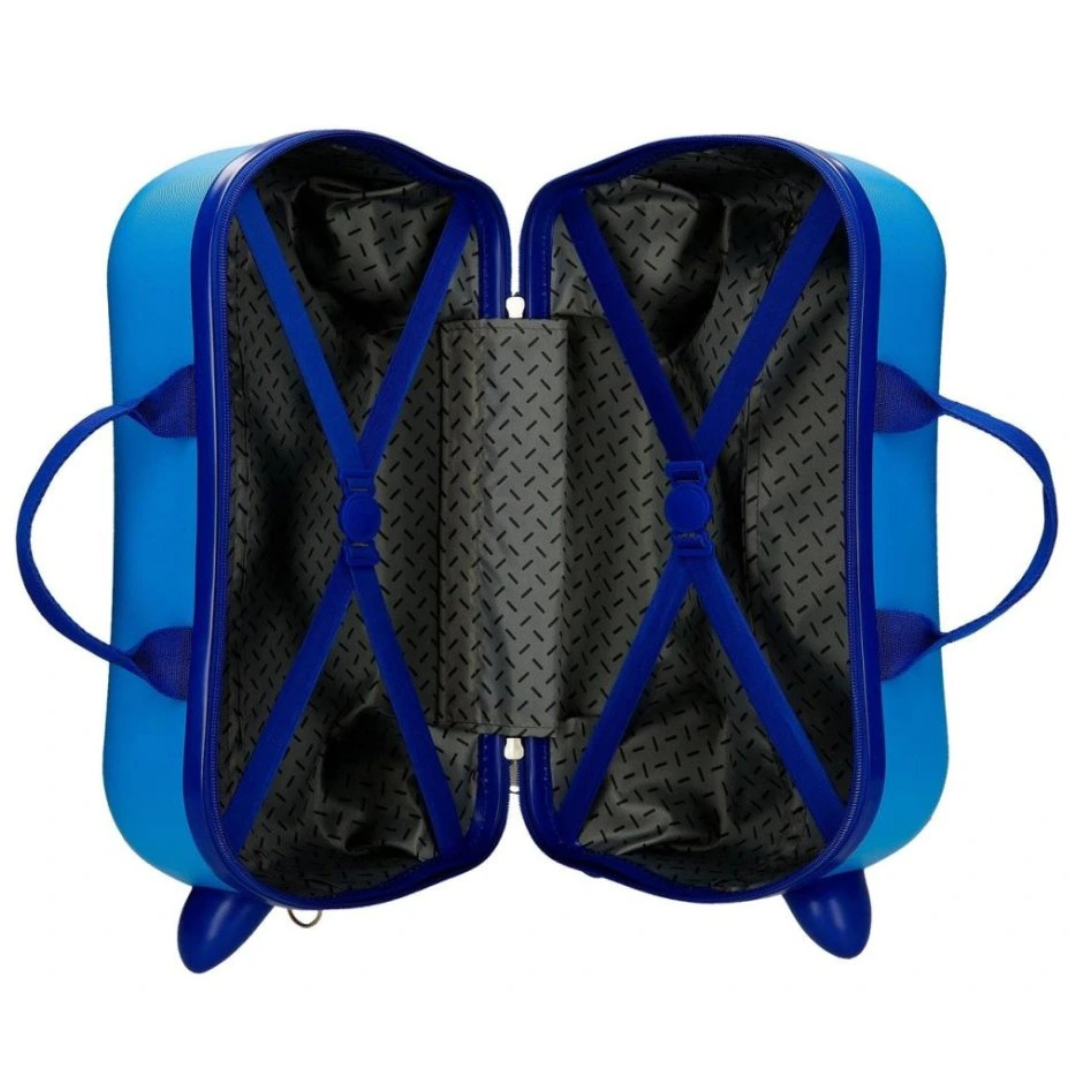 Mala de viagem rígida azul aberta com interior preto e cintas de fixação azuis