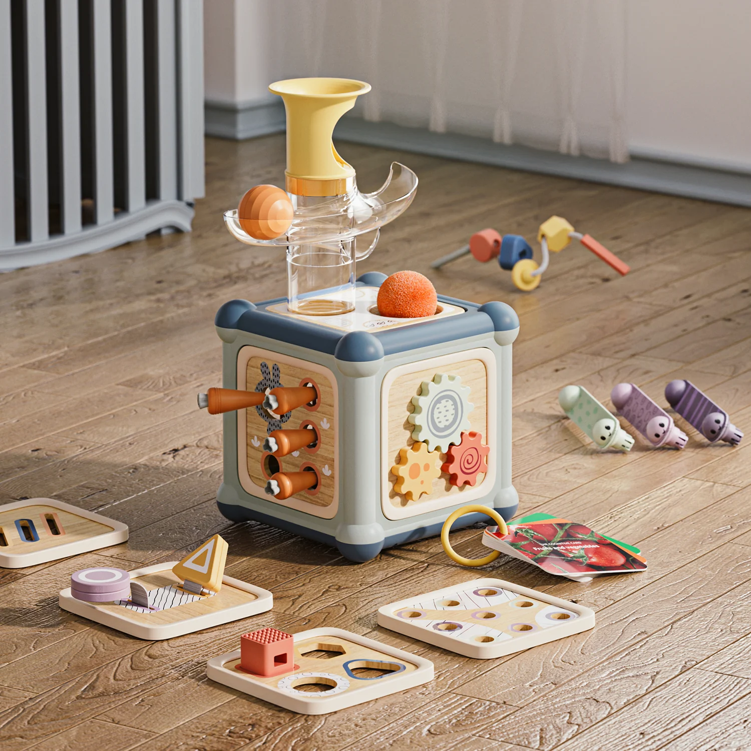 Brinquedos de madeira didáticos coloridos para crianças no chão