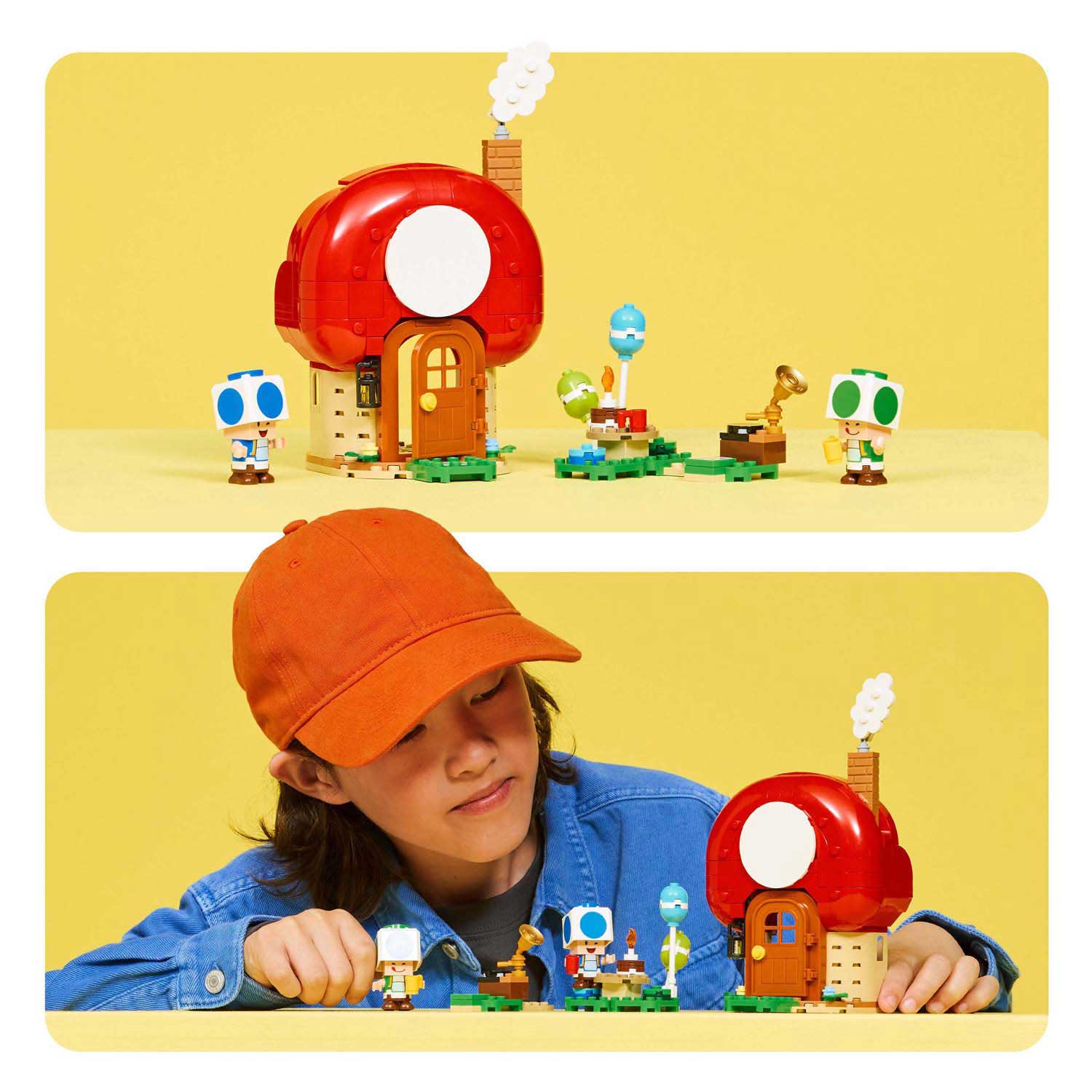 Brinquedo de construção com cogumelo vermelho e duas figuras de LEGO, criança com boné laranja a brincar