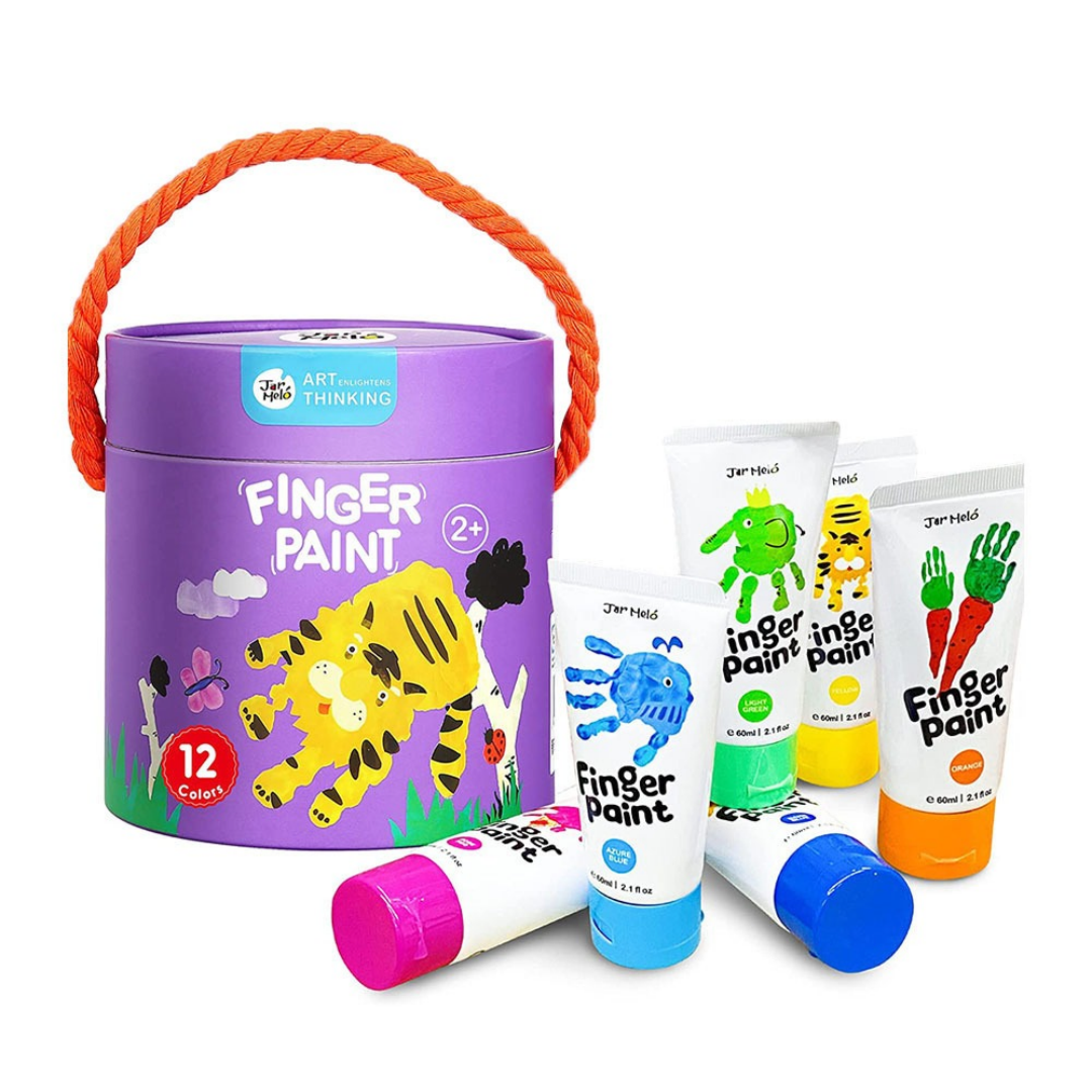 Conjunto de pintura a dedo para crianças com embalagem roxa e tubos coloridos