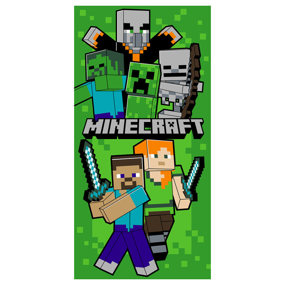 Toalha verde com personagens pixelizados do Minecraft e texto MINECRAFT