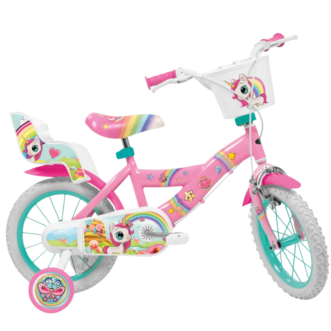 Bicicleta infantil rosa com roda de apoio e decoração de unicórnios coloridos
