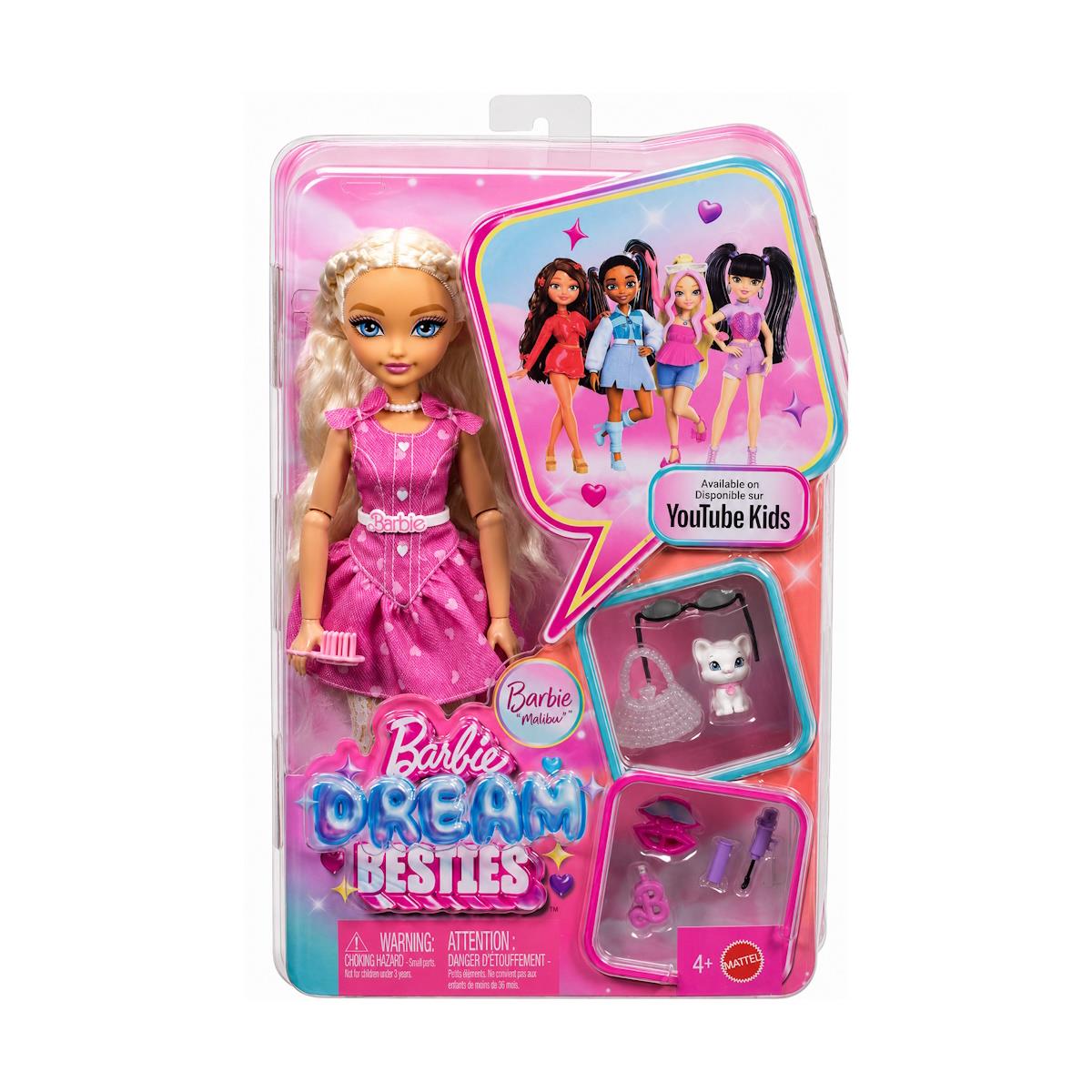 Boneca Barbie Dream Besties com vestido rosa, acessórios, gato pequeno e embalagem colorida