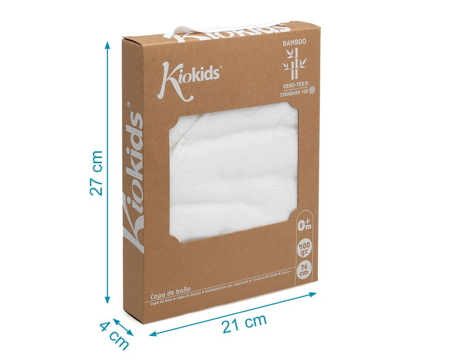 Embalagem castanha de capuz de banho branco Kiokids com texto e medidas