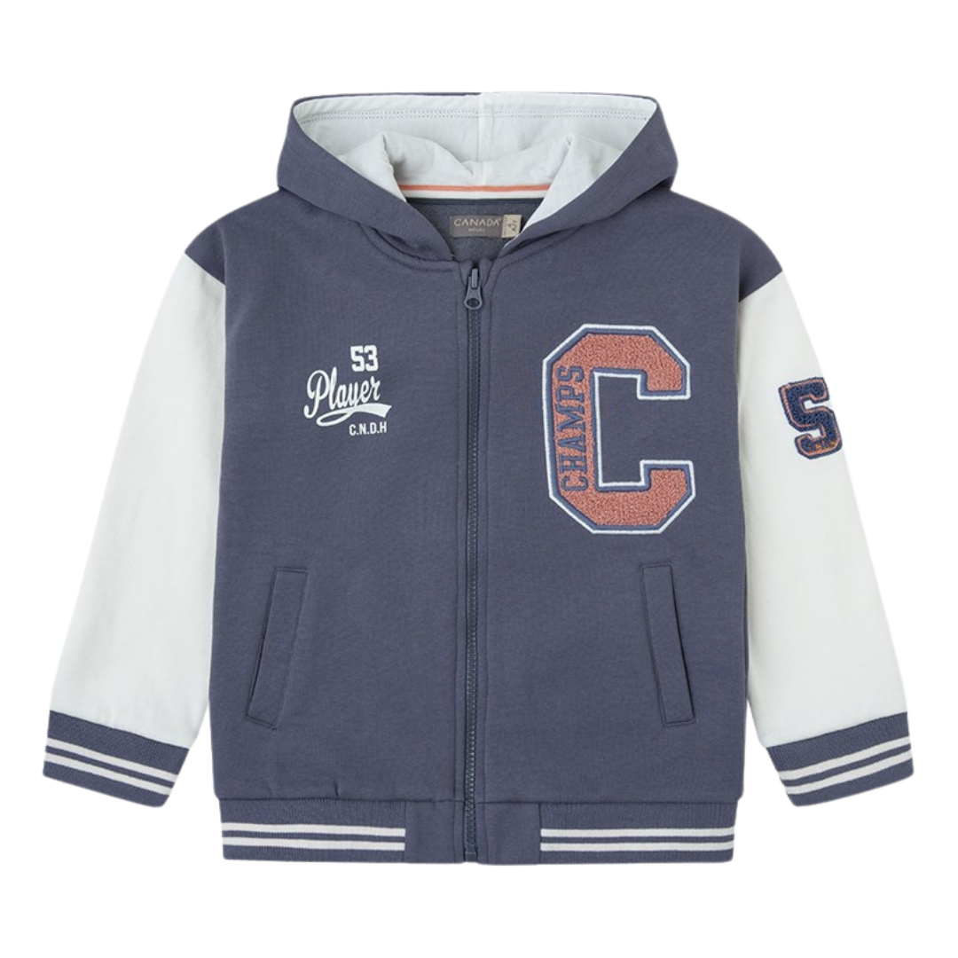 Casaco de criança azul escuro com mangas brancas e capuz