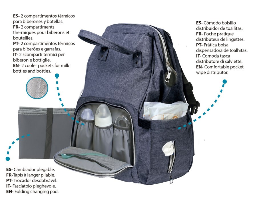 Mochila térmica cinza com vários compartimentos e trocador dobrável