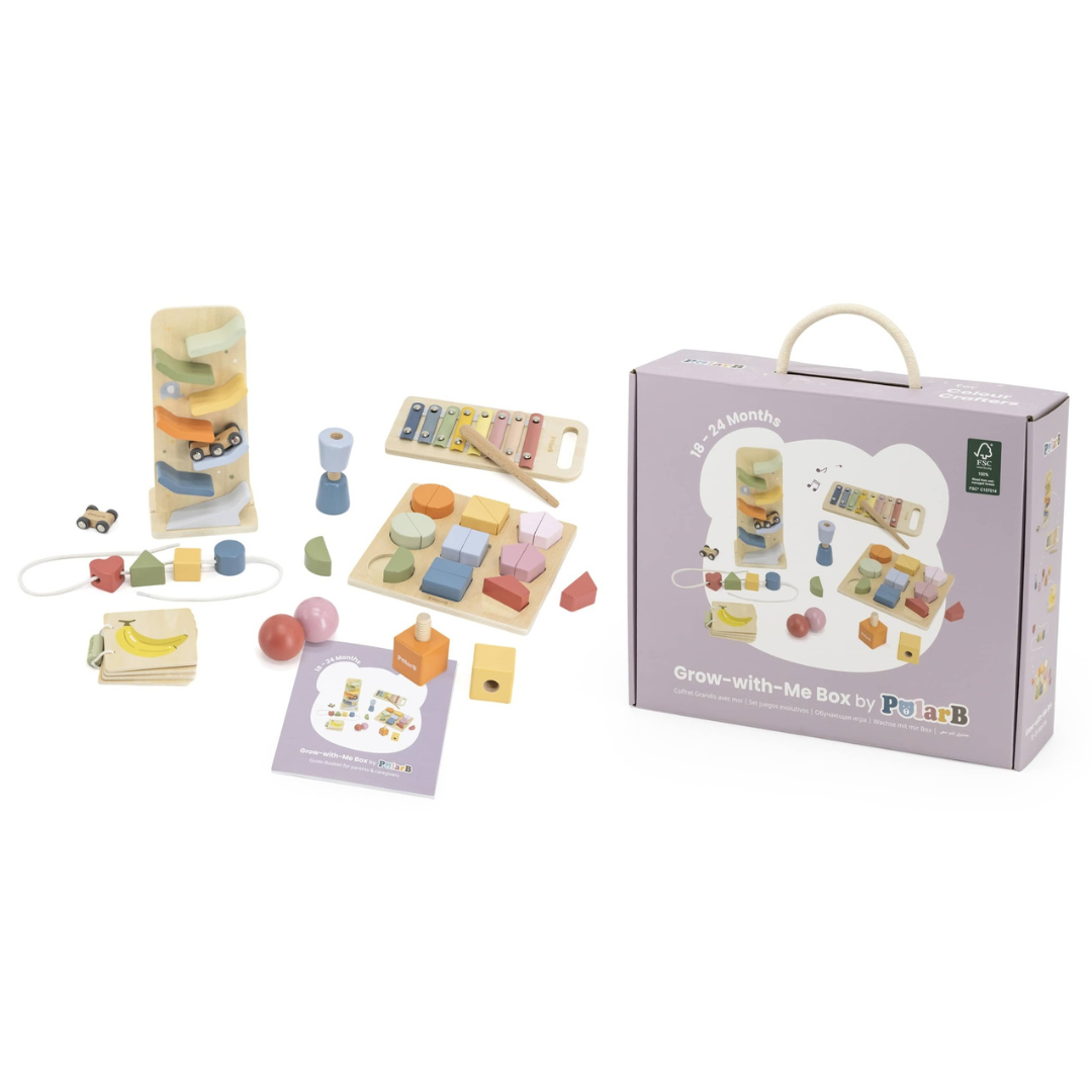 Brinquedos educativos de madeira colorida com caixa lilás para crianças de 18-24 meses