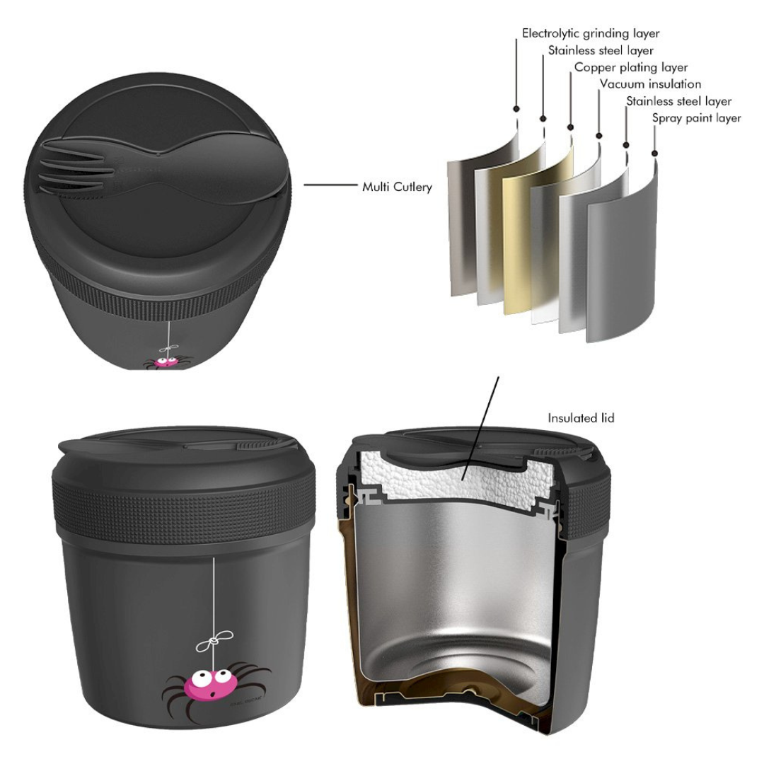 Recipiente térmico preto com tampa e talheres integrados, gráfico de aranha e camadas internas visíveis