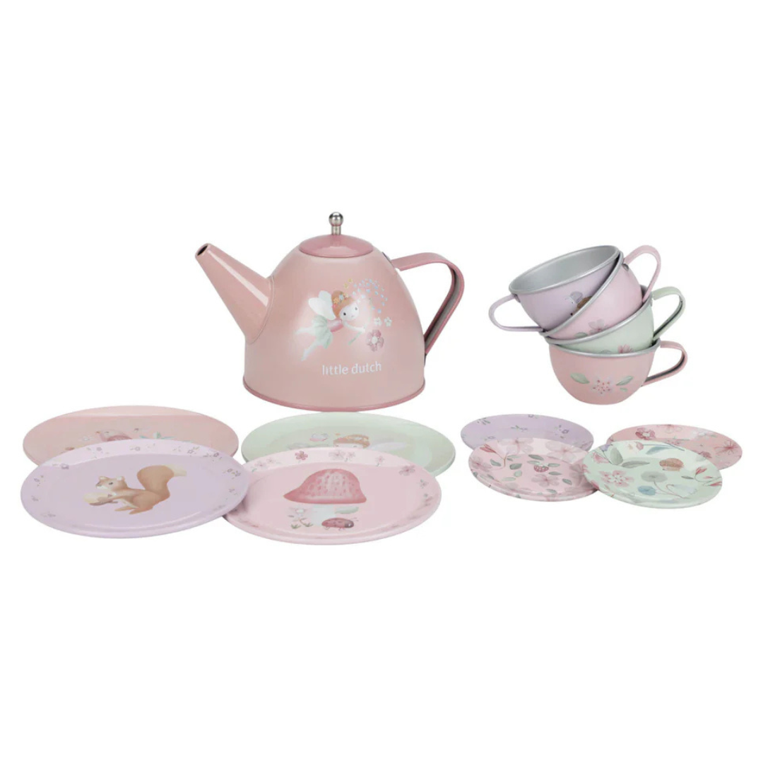 Conjunto de chá infantil com bule, chávenas e pratos decorados em tons pastel