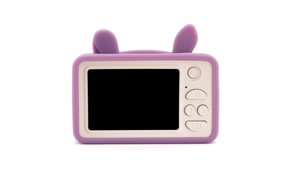 Ecrã digital branco com moldura lilás e botões brancos, sobre fundo branco