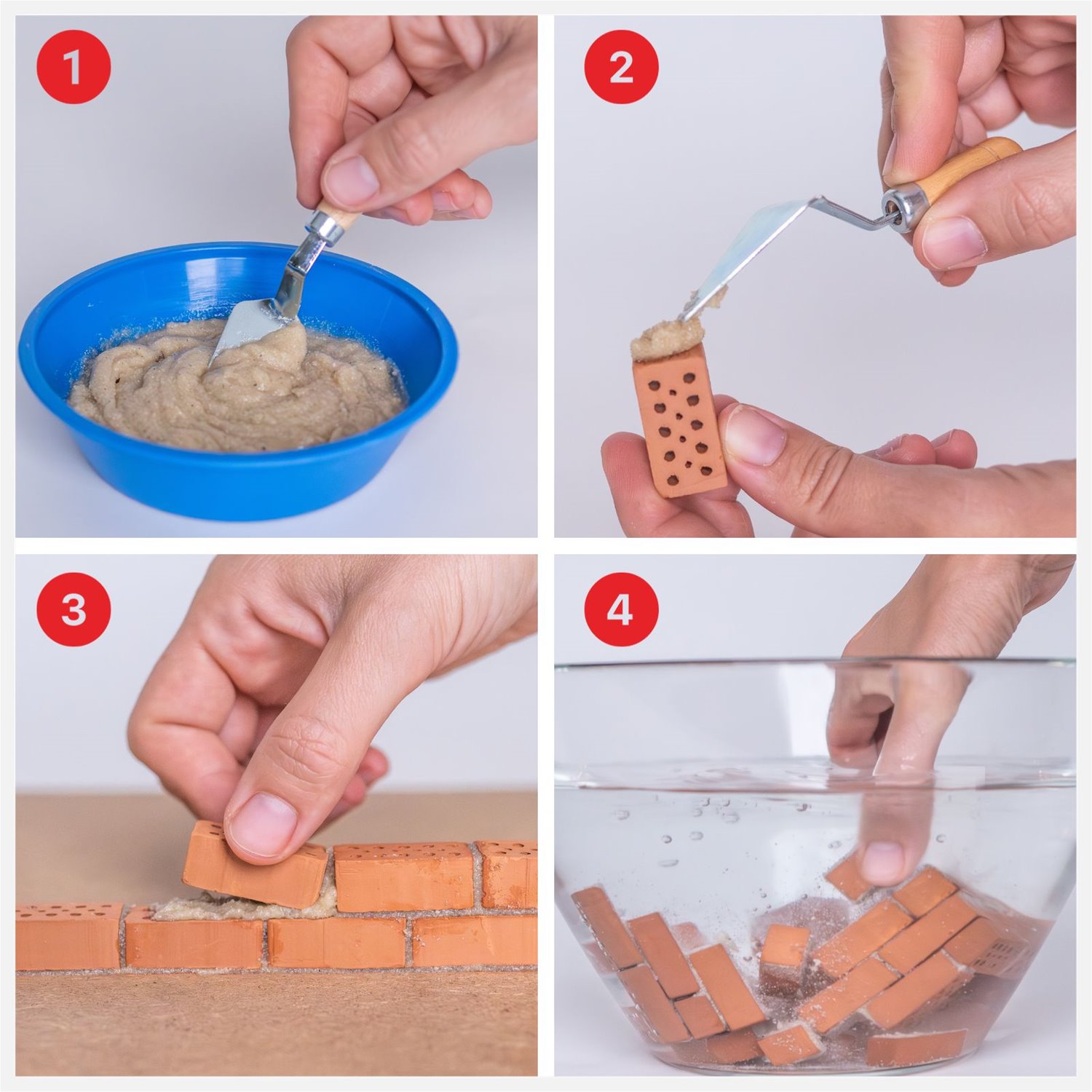 Mini tijolos, argamassa, espátula com cabo de madeira e taça de vidro para construção em miniatura.