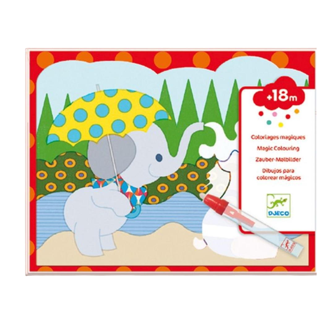 Caixa colorida de kit de coloração mágica com desenho de elefante e marcador