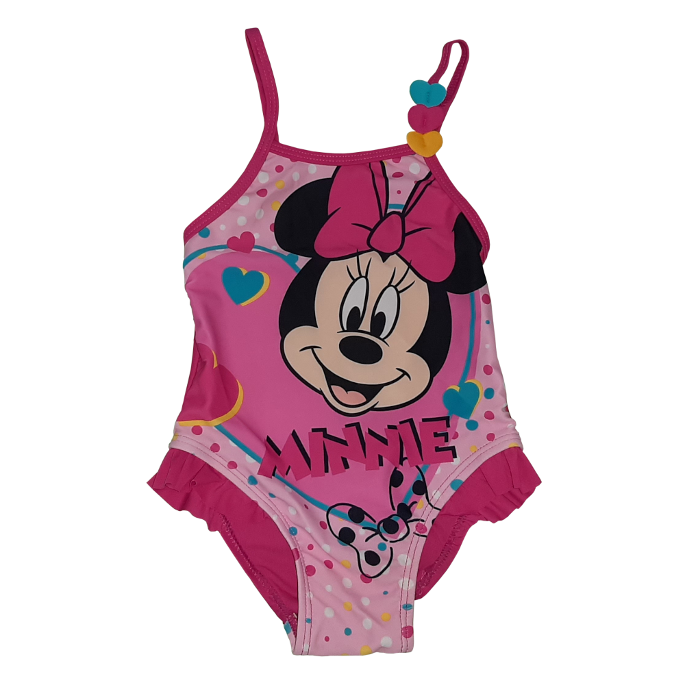 Fato de banho infantil cor-de-rosa com estampa da Minnie Mouse e detalhes coloridos