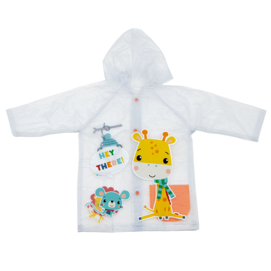 Capa de chuva infantil transparente com estampas coloridas e capuz