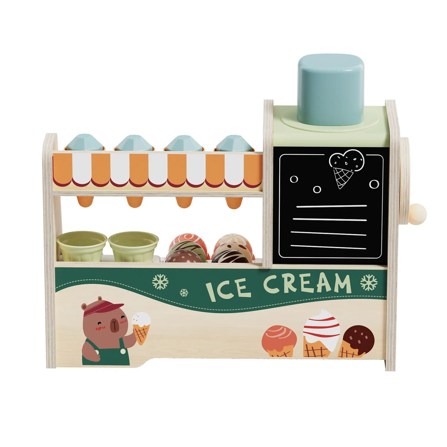 Carrinho de brinquedo de gelados em madeira com decoração colorida