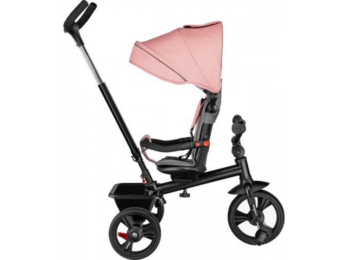 triciclo infantil preto com assento e capota rosa e empunhadeiras negras