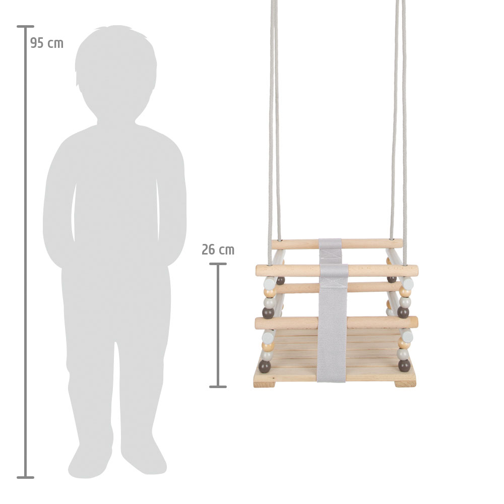 Baloiço infantil de madeira natural com cordas e contas coloridas