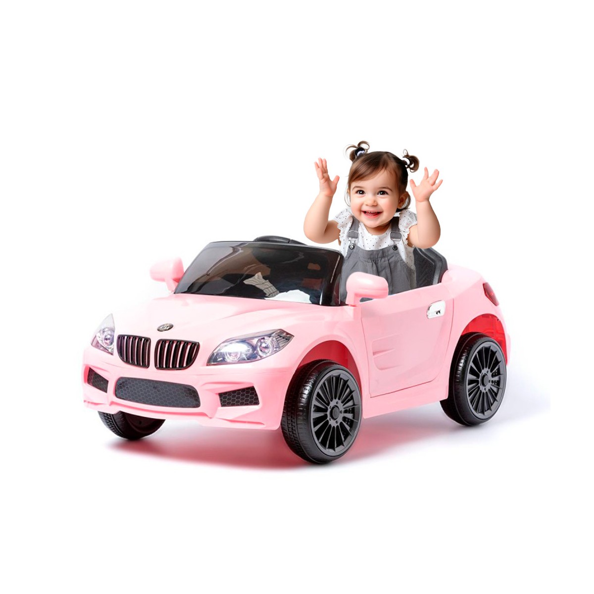 Carro elétrico infantil rosa com menina sorridente ao volante