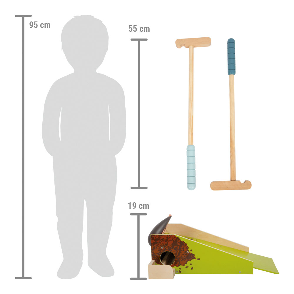 Tacos de madeira e base de jogo de golfe em madeira com medidas