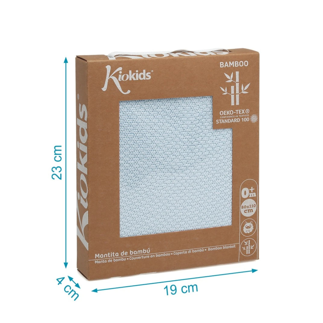 Embalagem castanha de mantita de bambu azul clara Kiokids com texto e dimensões