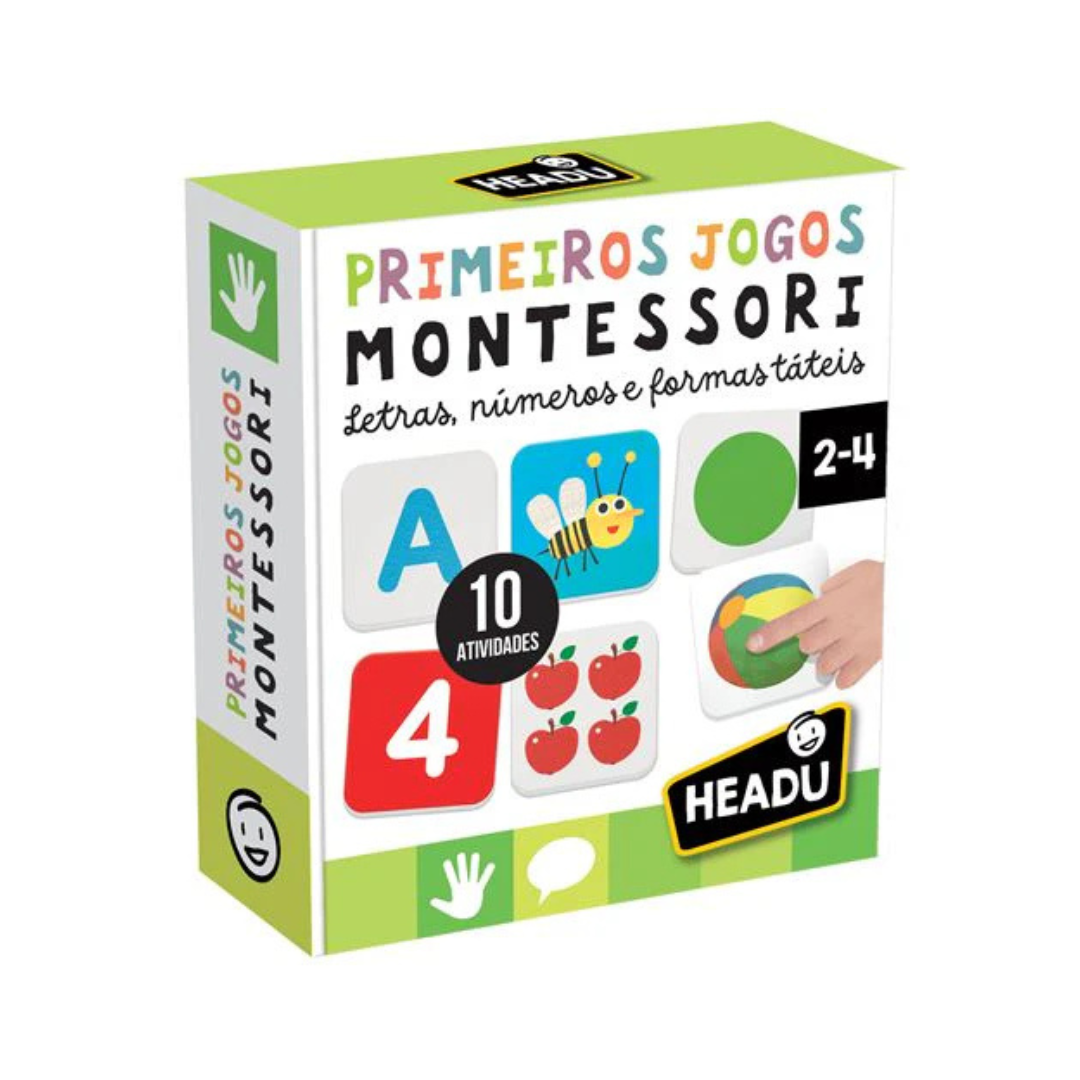 Caixa de jogo educativo Montessori com letras, números e formas táteis para crianças de 2-4 anos.