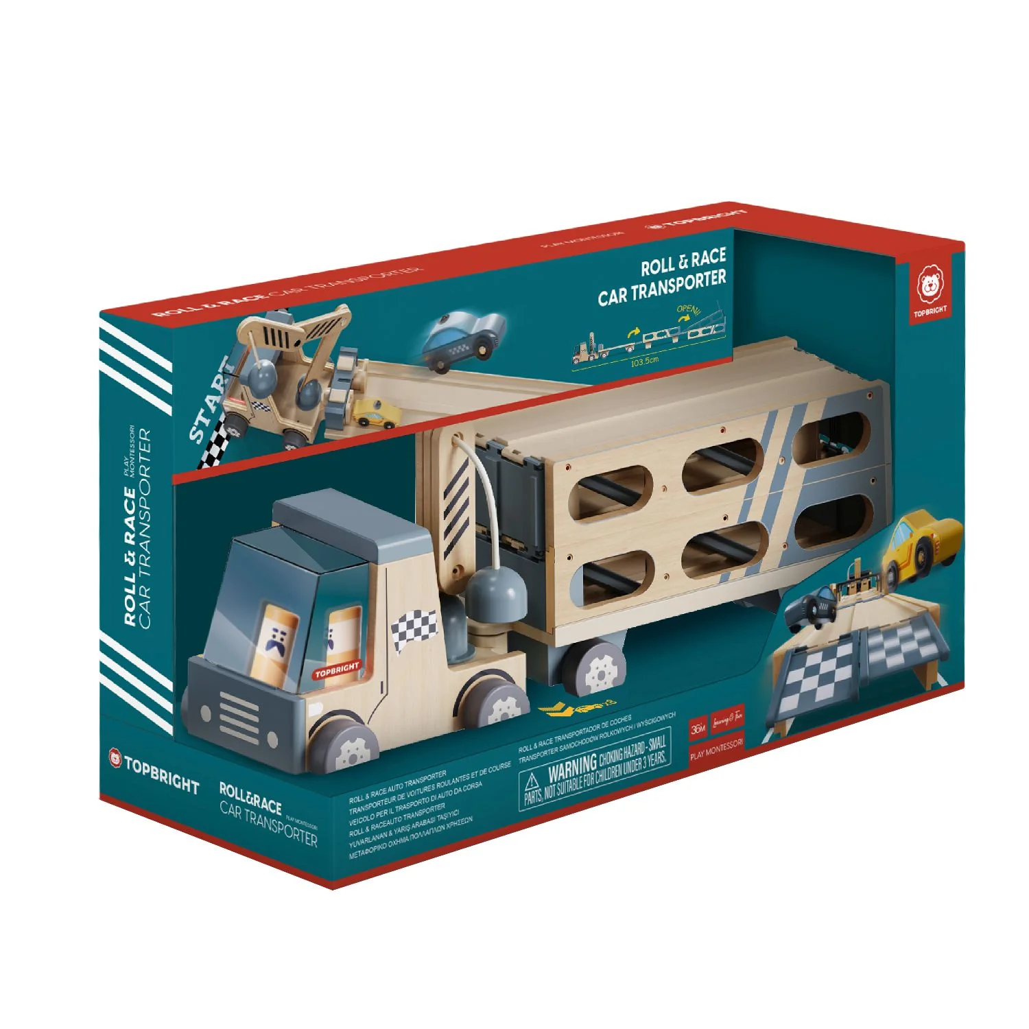 Brinquedo de transporte de carros de madeira com dois carros pequenos e caixa azul e vermelha.