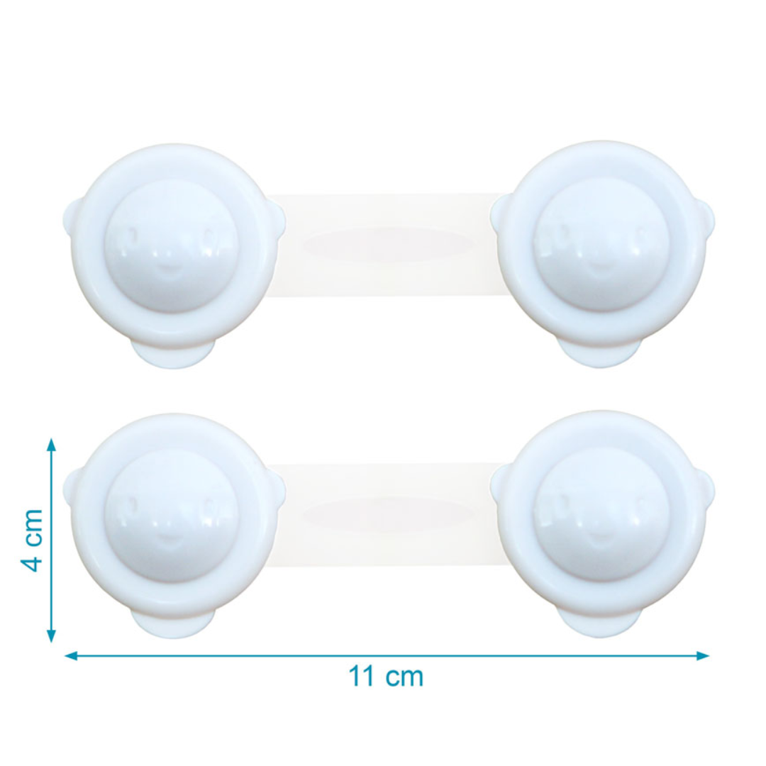 Cadeado de segurança branco para portas e gavetas com botões redondos, medidas indicadas.