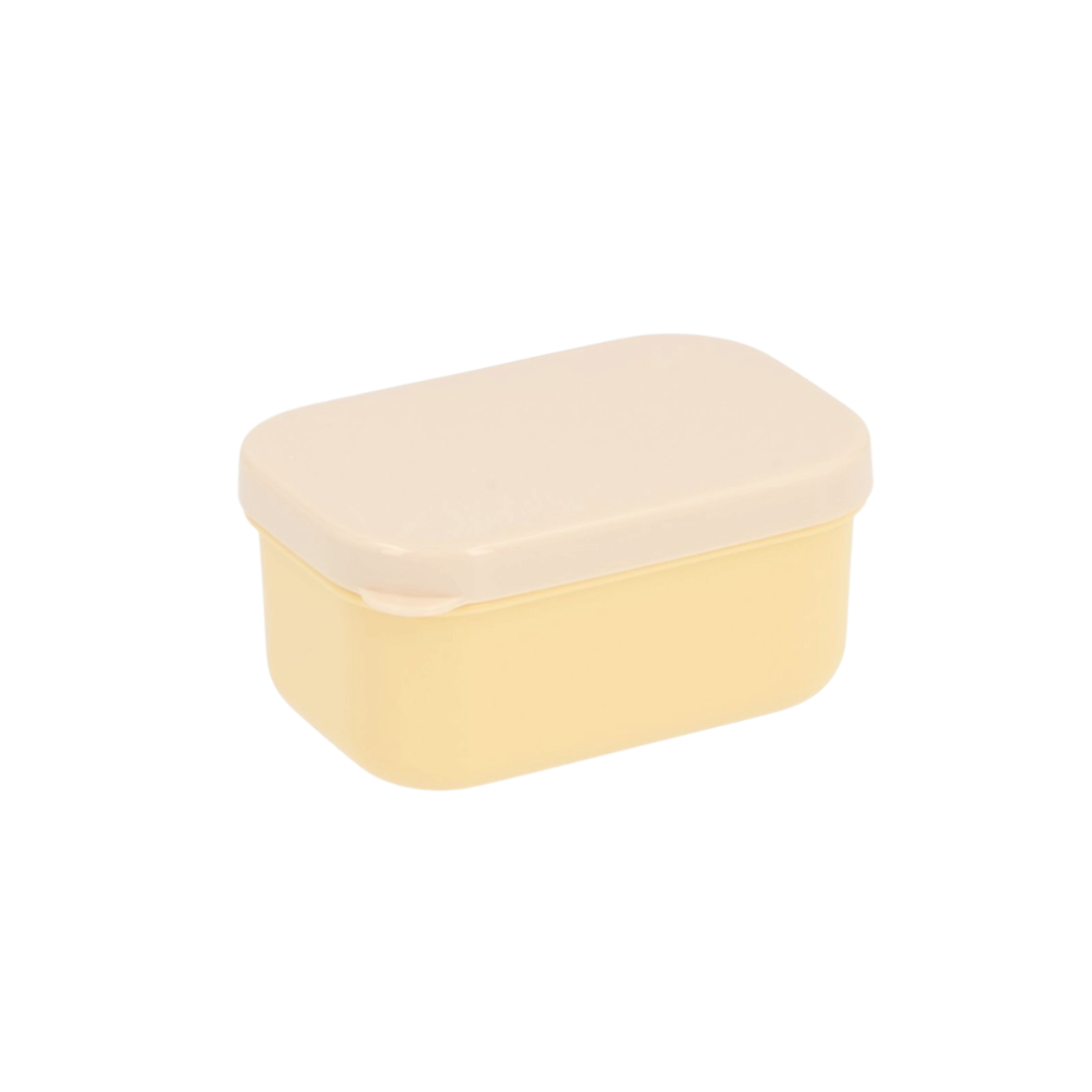 Caixa de plástico retangular bege clara e amarela com tampa