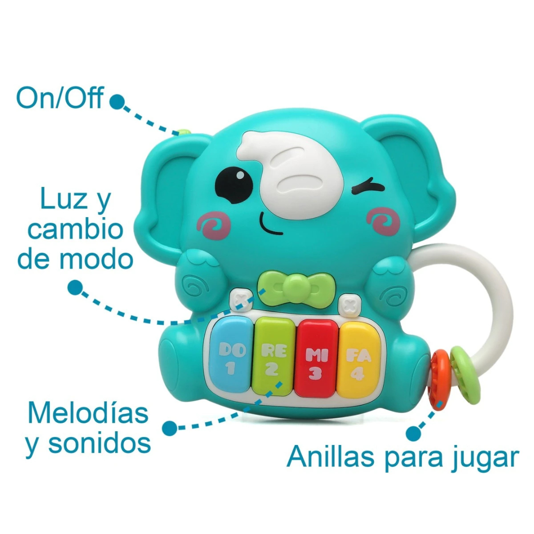 Brinquedo azul de elefante com botões coloridos e anilhas para jogar