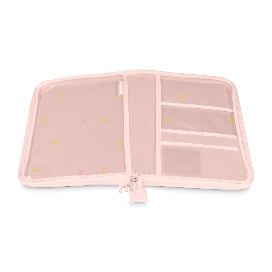 Organizador rosa claro com bolsos transparentes e padrão de círculos coloridos.