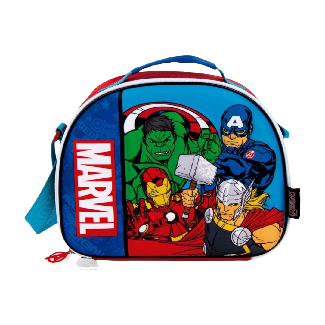 Mala azul com desenho dos heróis Marvel Hulk, Capitão América, Iron Man e Thor com texto MARVEL