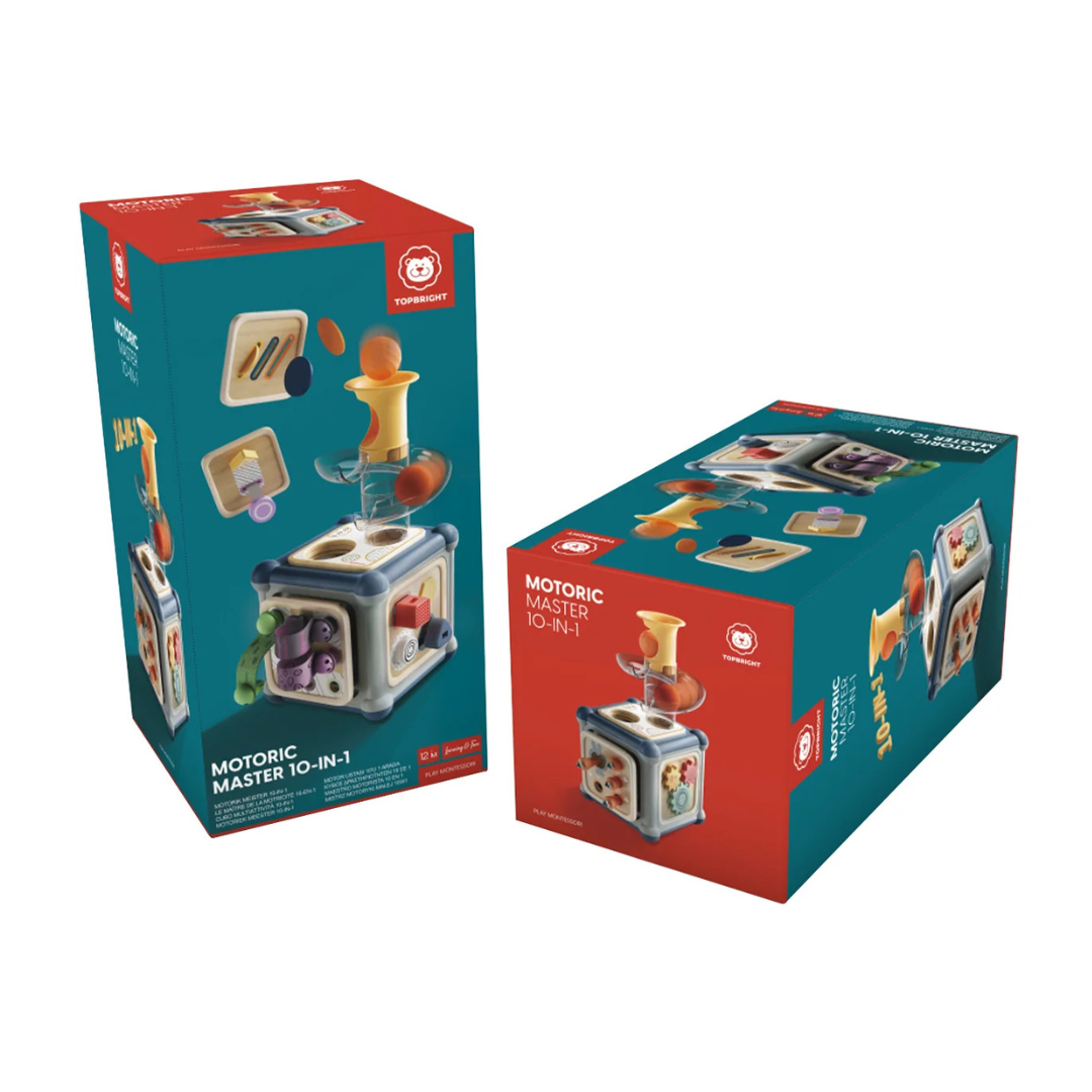Caixa de brinquedo educativo Motric Master 10-in-1 da Topbright com várias atividades motoras.